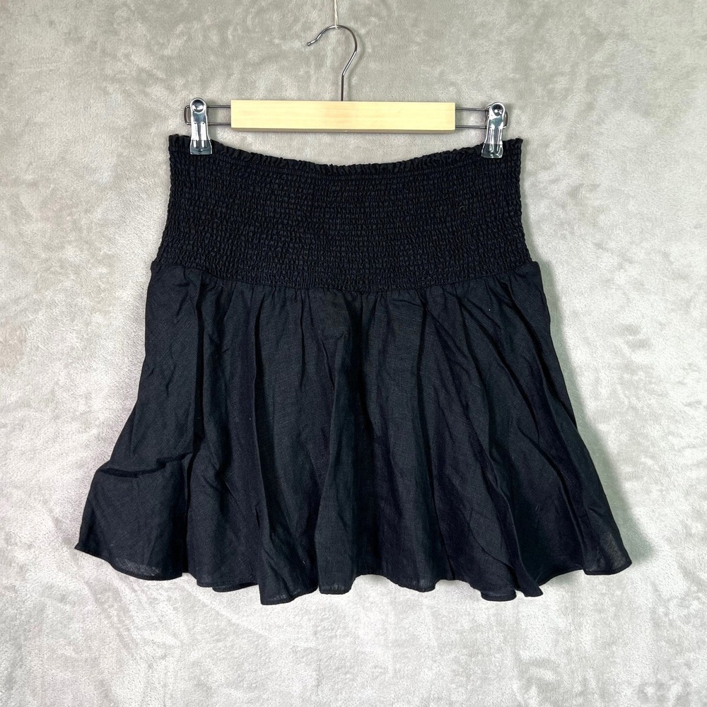J.Crew Black Linen High Waisted Y2k Smocked A Line Pleated Mini Skirt Size Large